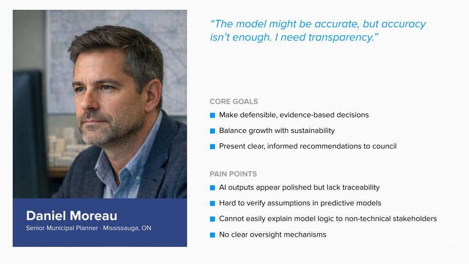 Daniel Moreau persona — Senior Municipal Planner, goals and pain points