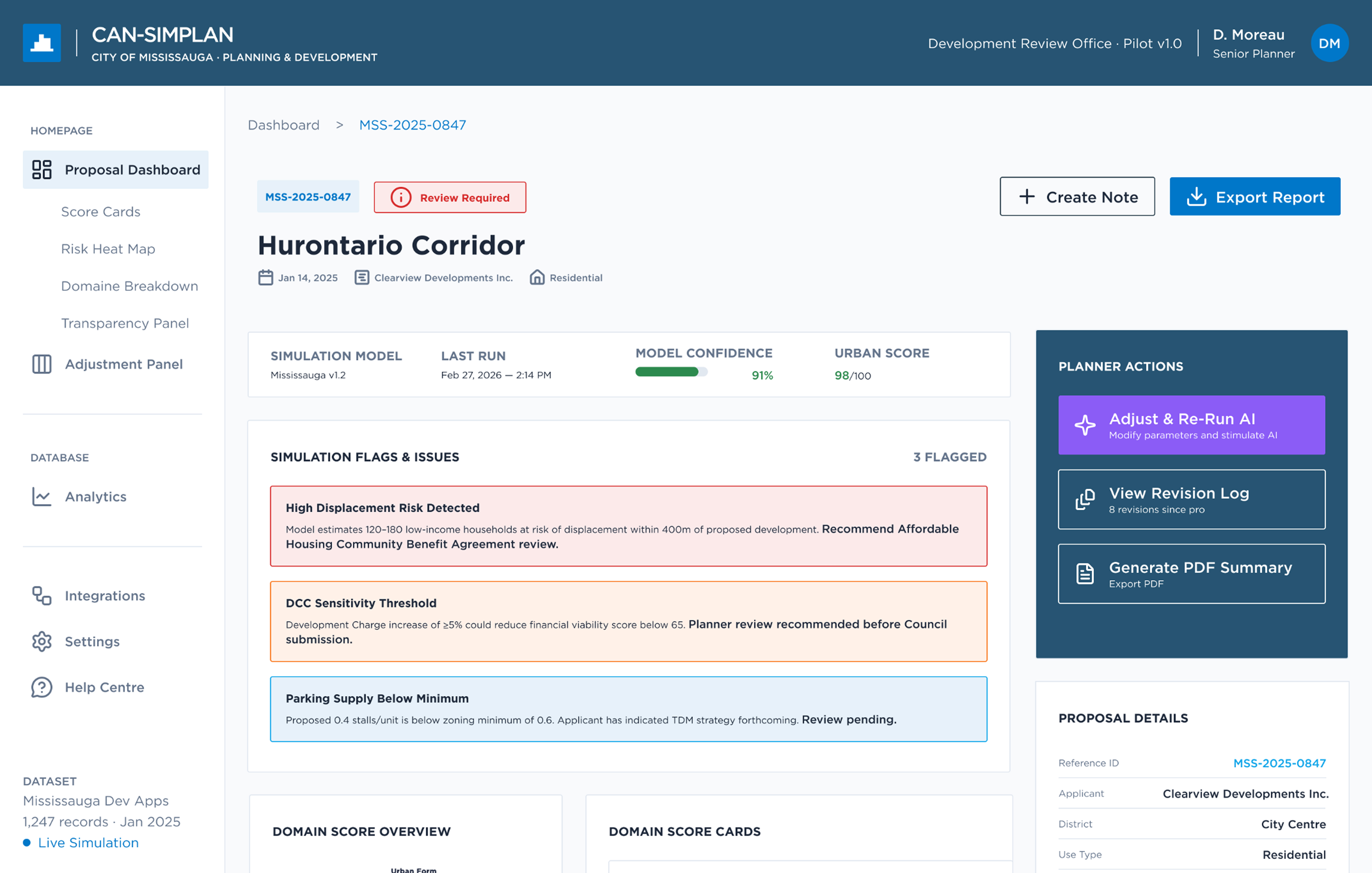CAN-SIMPLAN proposal detail view: domain scorecards, simulation flags, and planner action panel