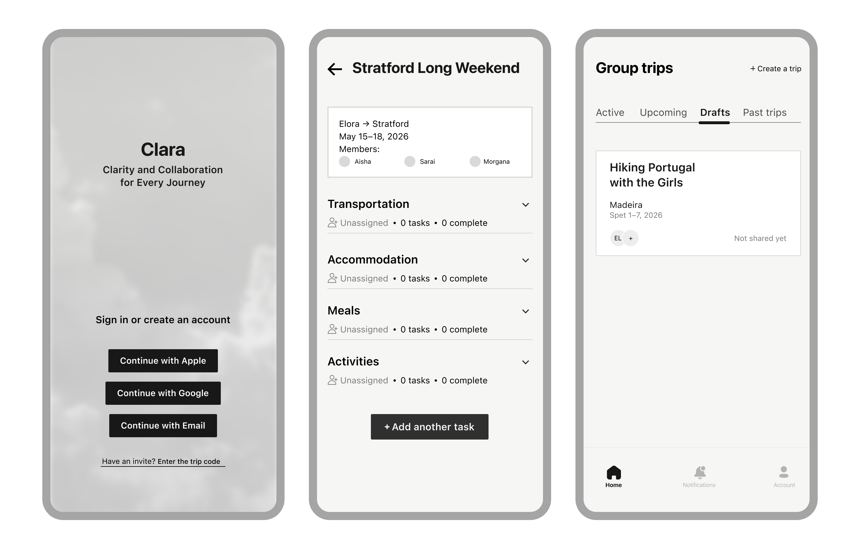 Final Clara screens — trip creation, dashboard, and task assignment
