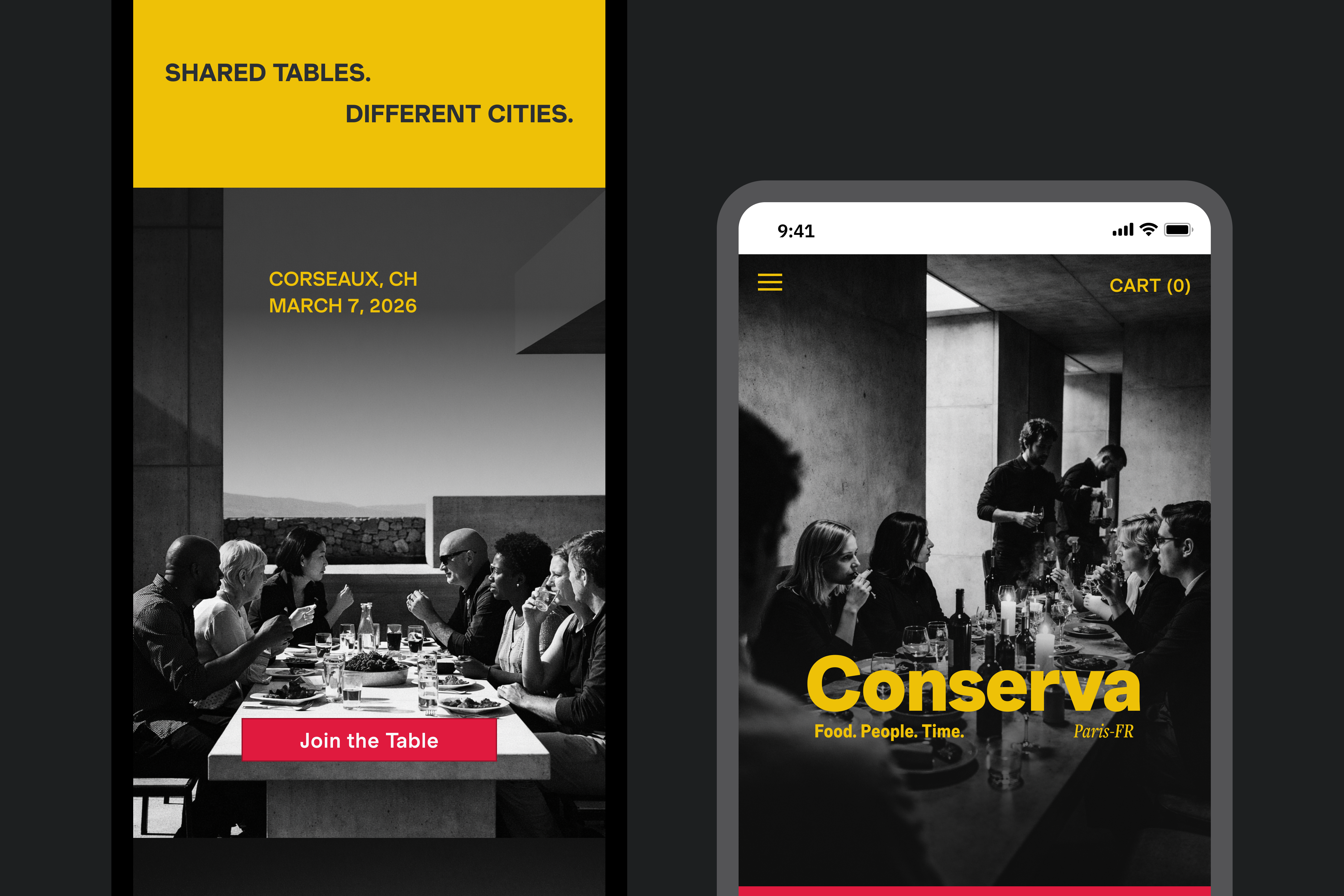 Conserva app — bold, system-driven gourmet experience UI