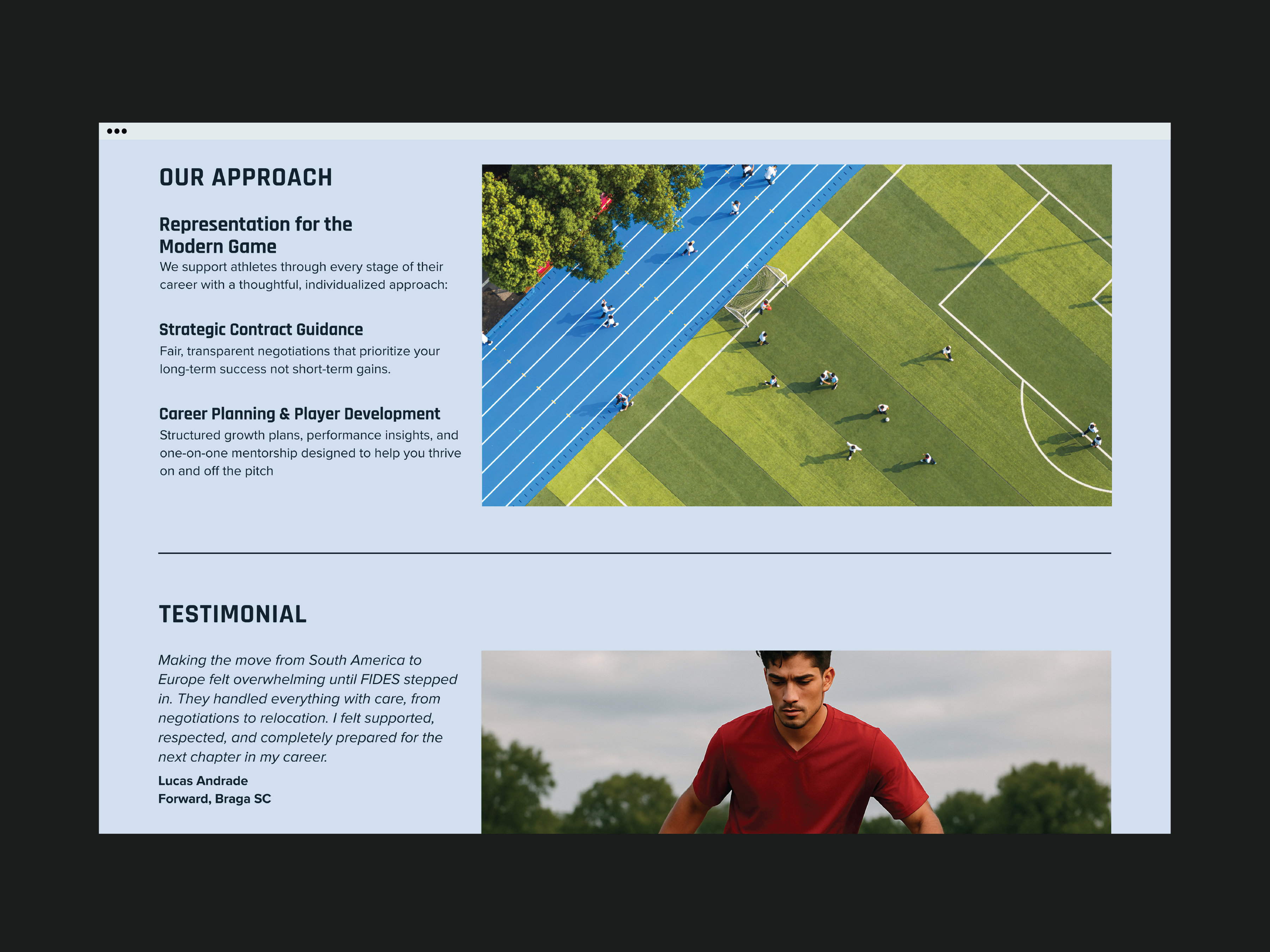 Screenshot of the FIDES About page featuring approach descriptions, an overhead field image, and a player testimonial.